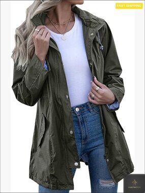 Striped Lined Hooded Lightweight Raincoat Waterproof Windbreaker Jacket Trench